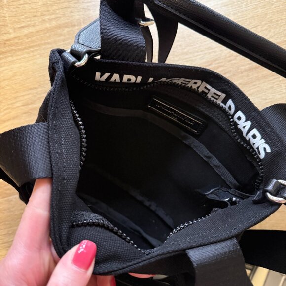 KARL LAGERFELD PARIS Kristin Black Iconic Karl Cat Crossbody Bag Purse Canvas - Picture 3 of 4